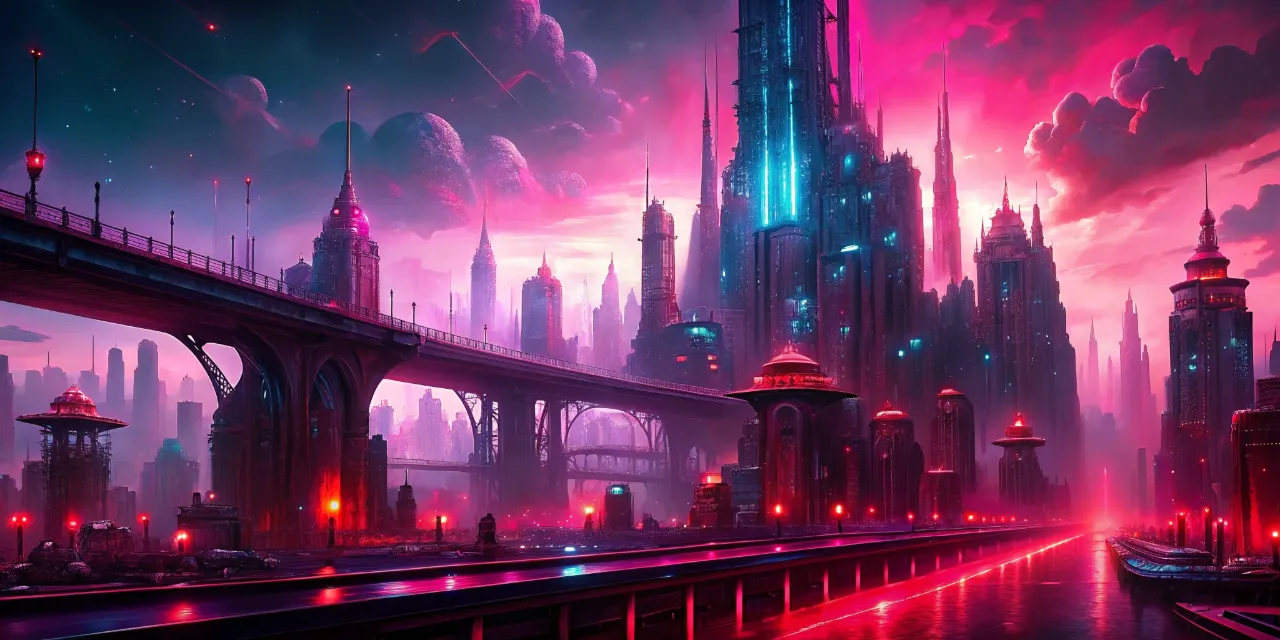 a futuristic city with a bridge in the background