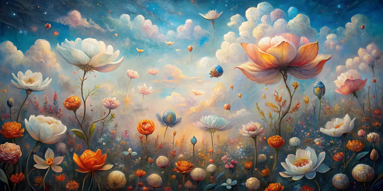 a painting of flowers and butterflies in the sky