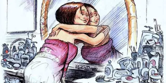 a drawing of a girl  hugging yourself  her image on a mirror