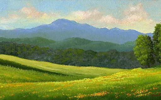 a painting of a green field with mountains in the background