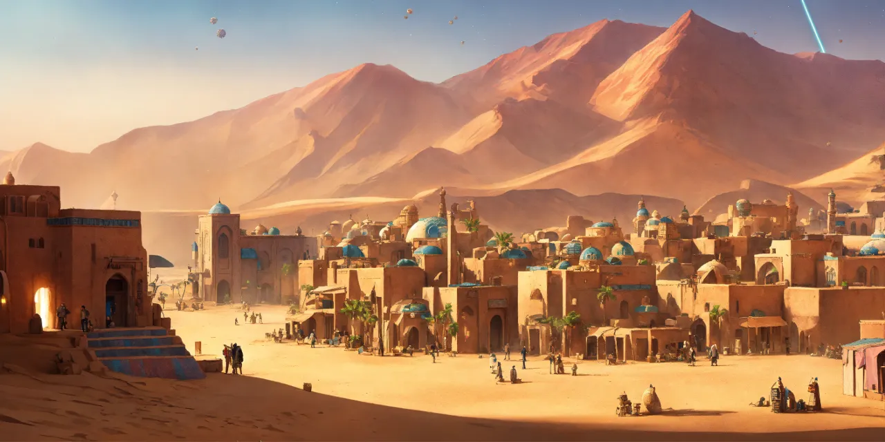 a painting of a desert town with mountains in the background