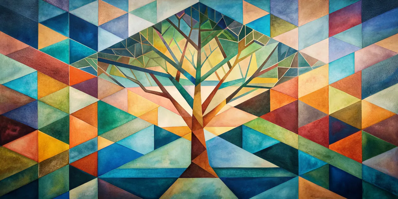 a painting of a tree with many colors