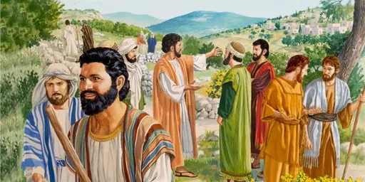 a painting of jesus leading a group of people