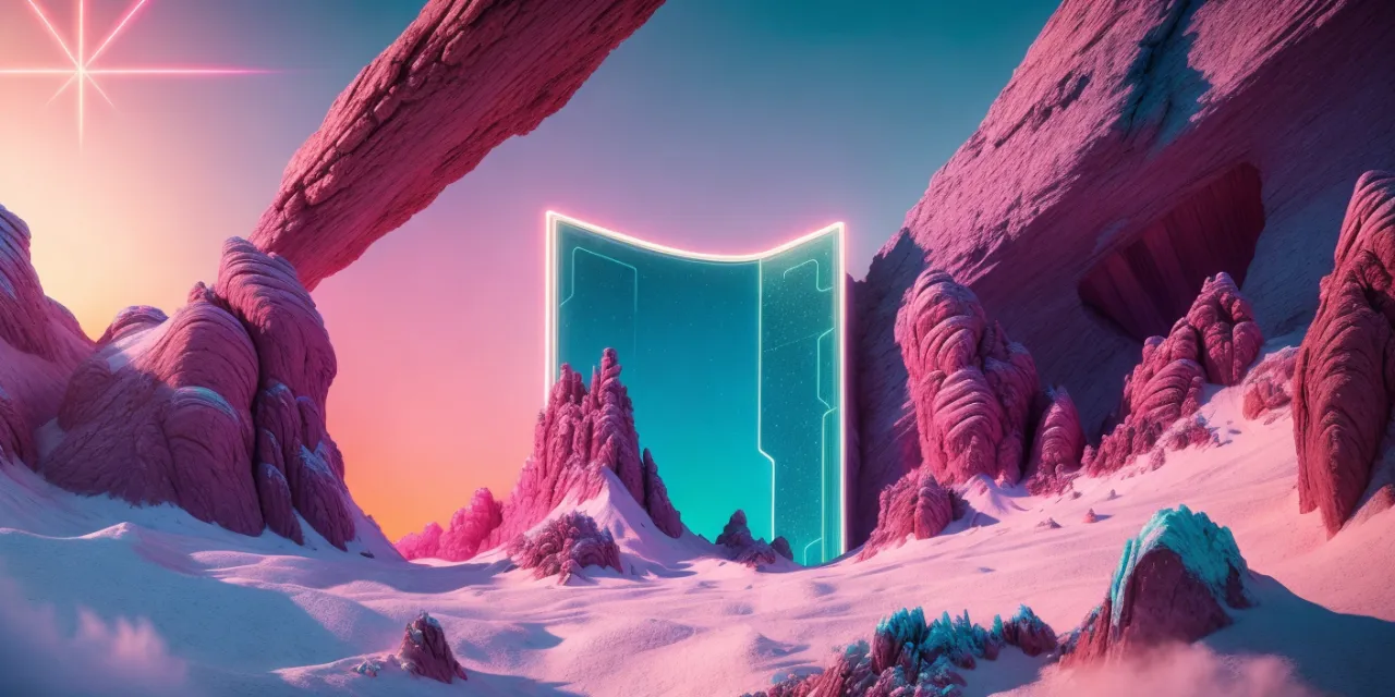 a computer generated image of a futuristic door in a snowy landscape