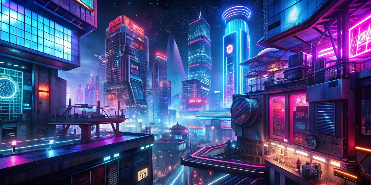 a futuristic city at night with neon lights