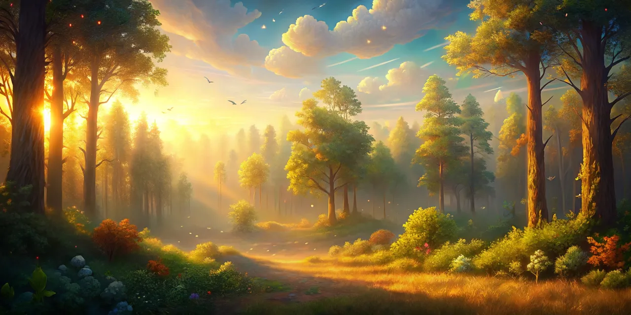 a painting of a forest at sunset