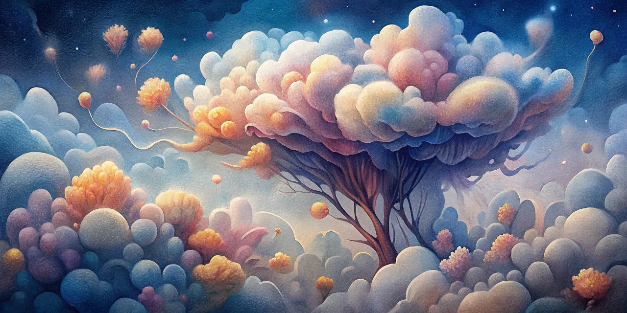 a painting of a tree in a cloud filled sky