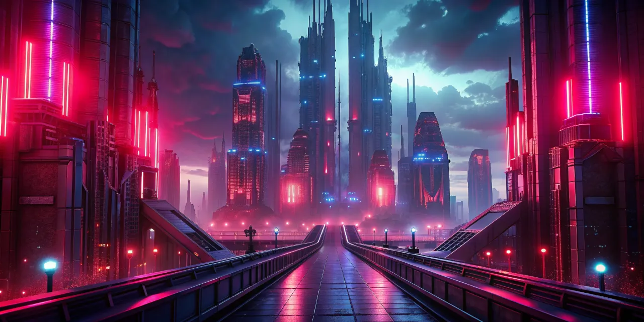 a futuristic city at night with neon lights