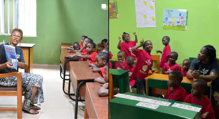 a woman sitting in a chair in front of a group of children