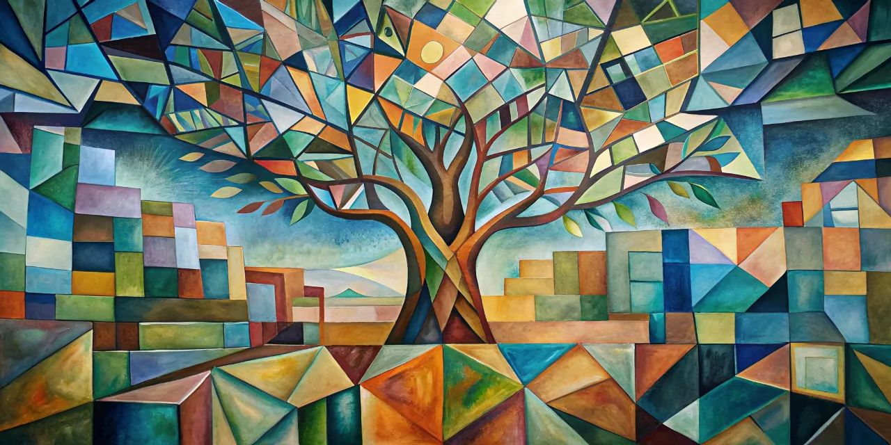 a painting of a tree with many colors