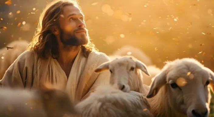 a man with long hair standing in front of a herd of sheep