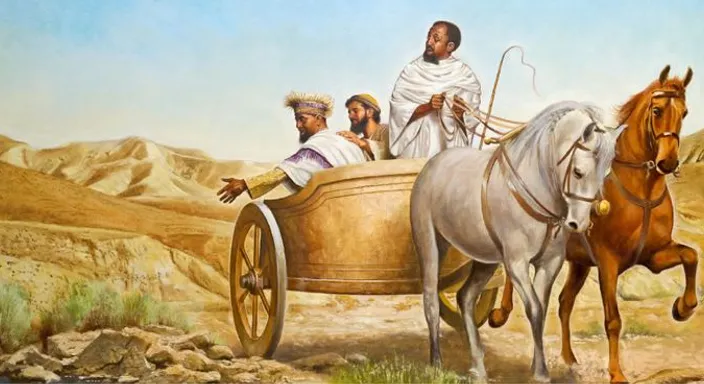  a man riding in a wagon with two horses ethiopian eunuch going to jerusalem temple on horsecord,high resolution,high quality,realistic details