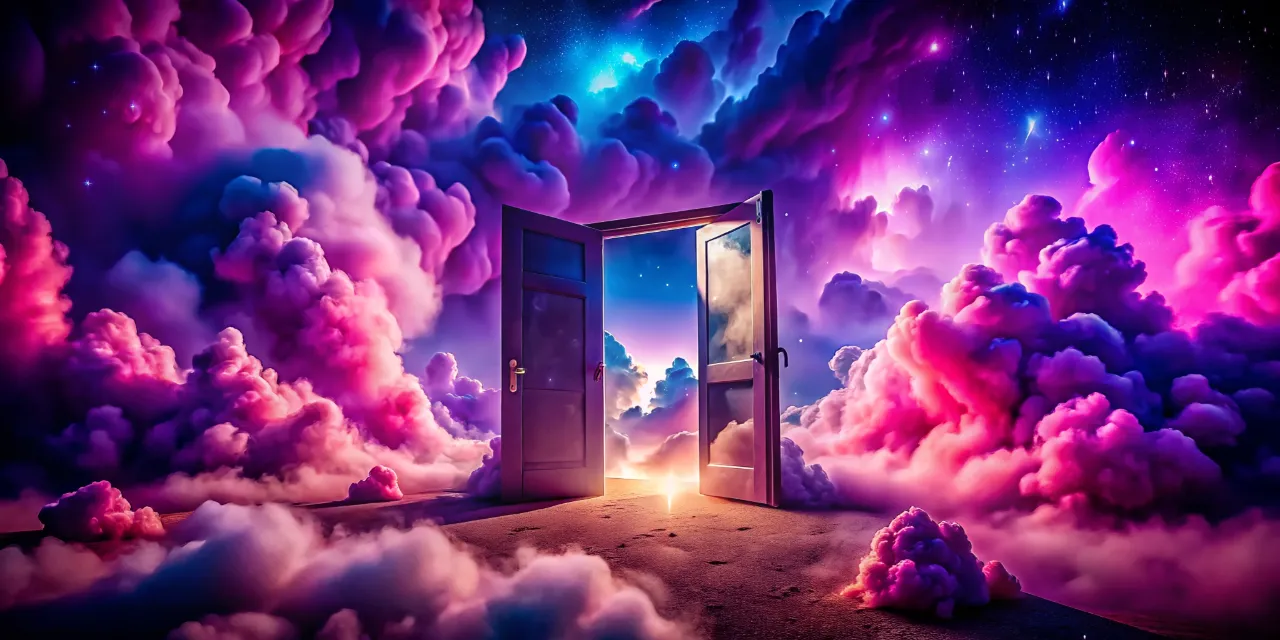 an open door in the middle of a cloud filled sky