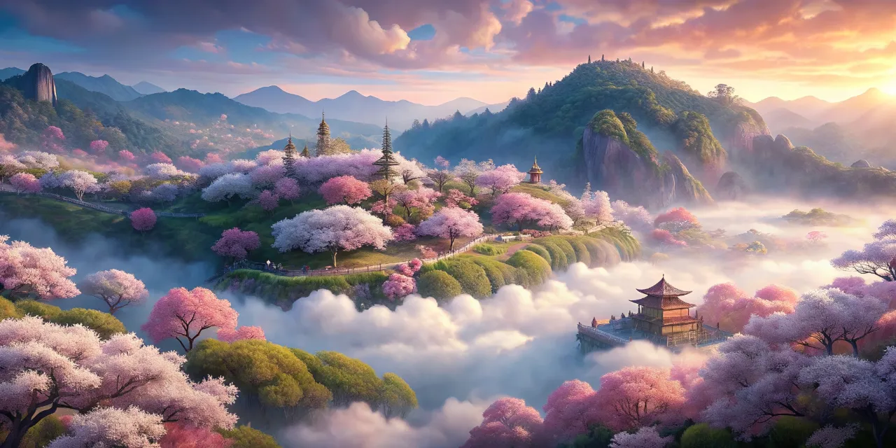 a painting of a beautiful landscape with pink flowers