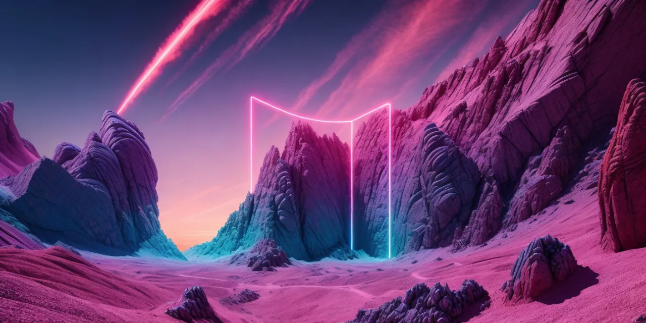 a futuristic landscape with mountains, rocks, and a neon light