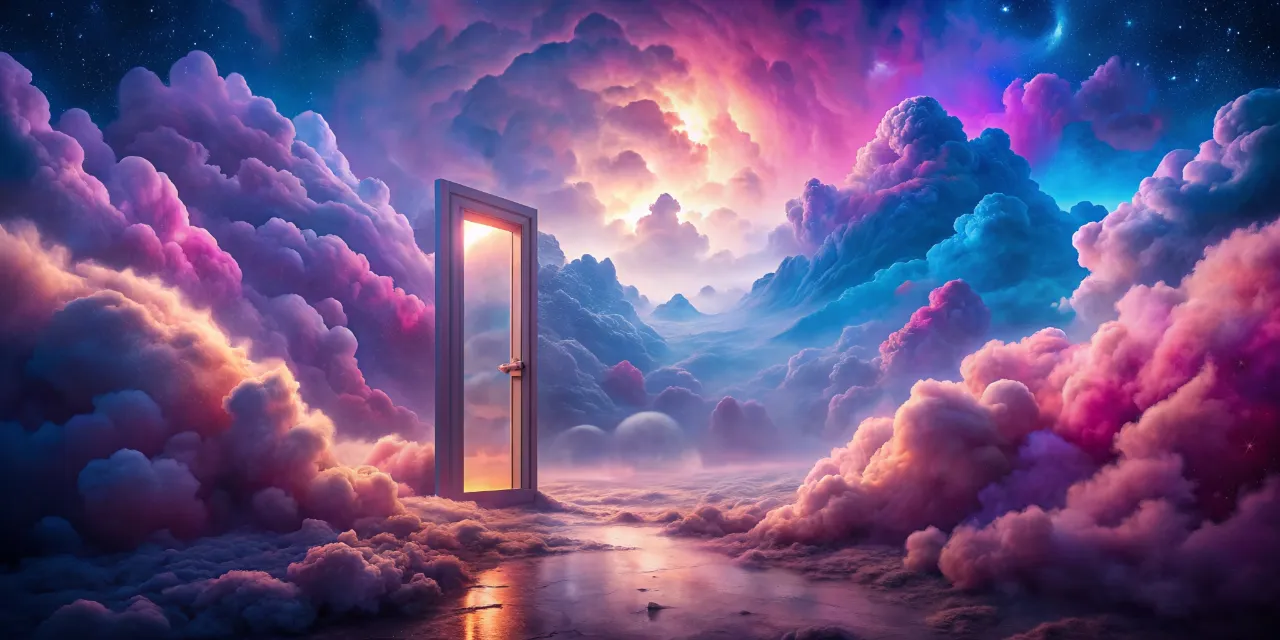 an open door leading into a colorful sky filled with clouds