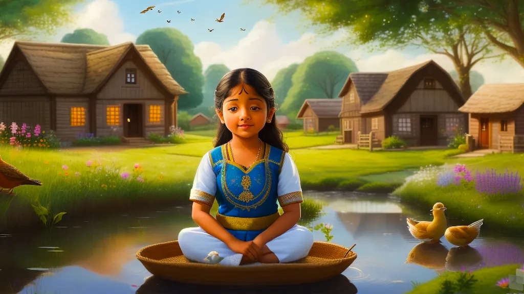 a painting of a little girl sitting in a boat and stand walk