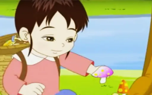 a cartoon of a little girl holding a mushroom