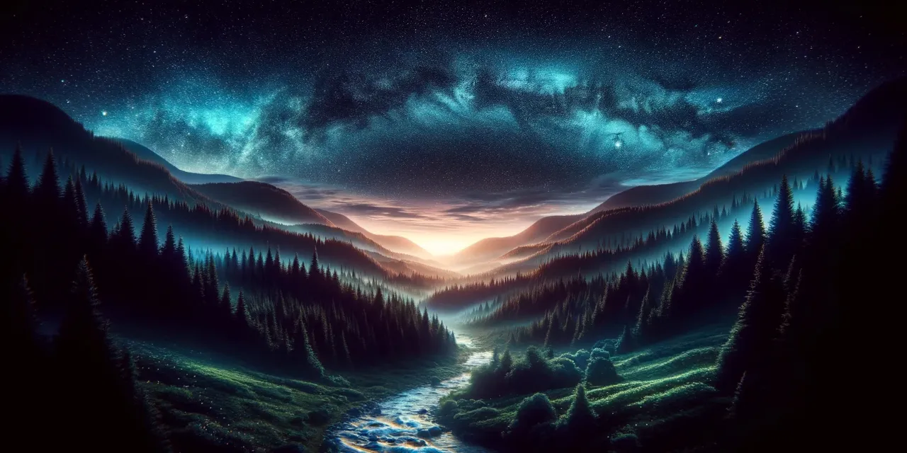 a painting of a river running through a forest under a night sky