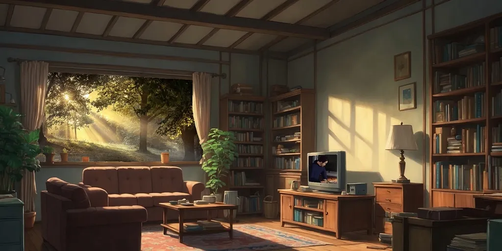 an anime living room filled with furniture and a large window, Anime