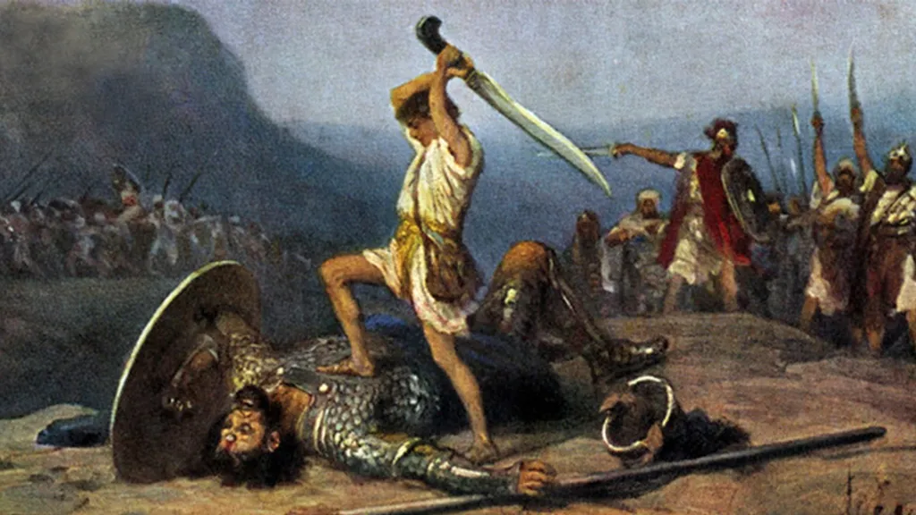 a painting of a man holding a sword over another man