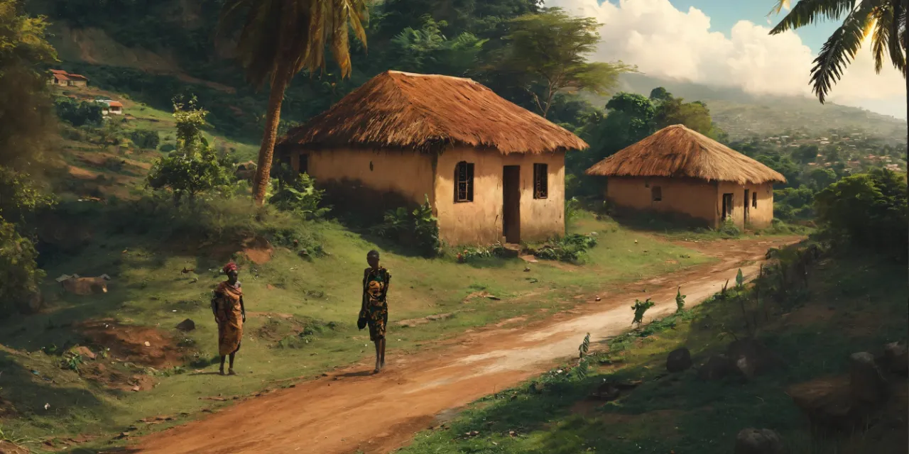 a painting of two people walking down a dirt road