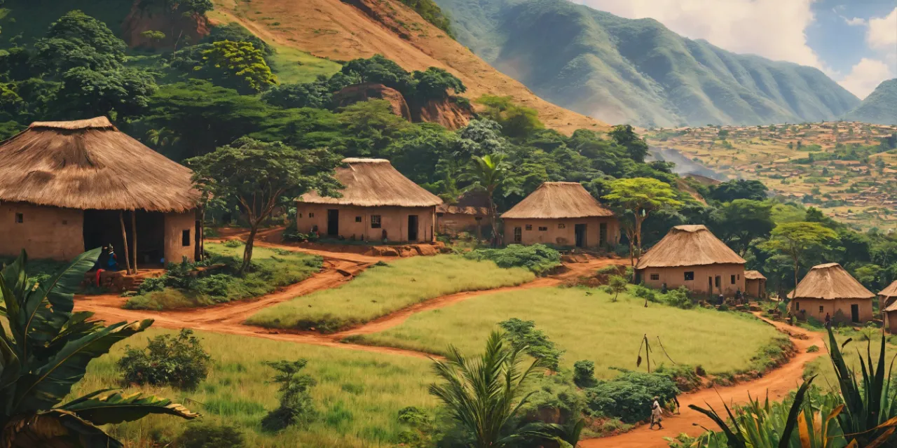 a painting of a village in the jungle