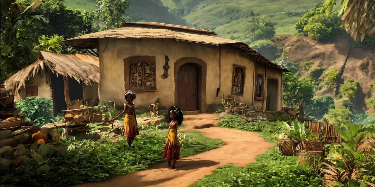 a painting of two women walking towards a house