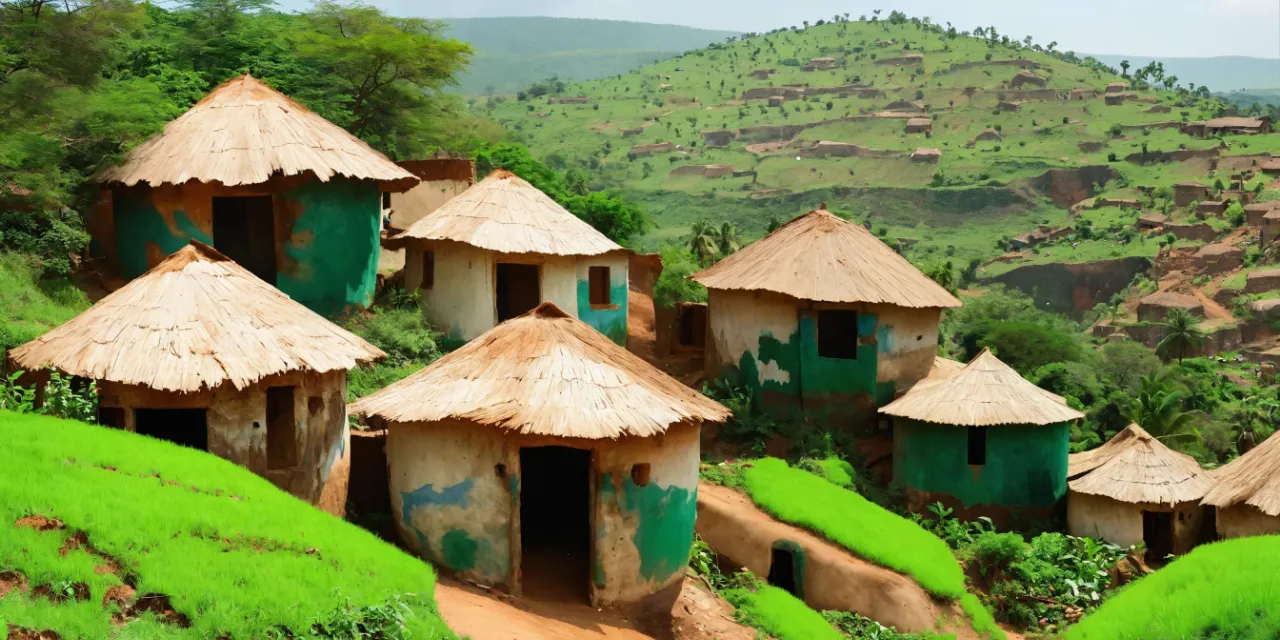 a group of huts sitting on top of a lush green hillside