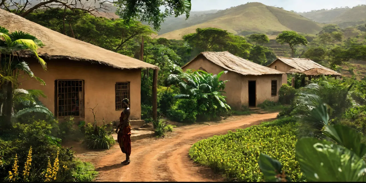 a woman walking down a dirt road past small houses