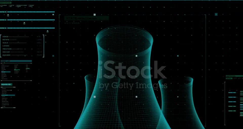 a computer generated image of a tower or nuclear plant, only drawing  vectors