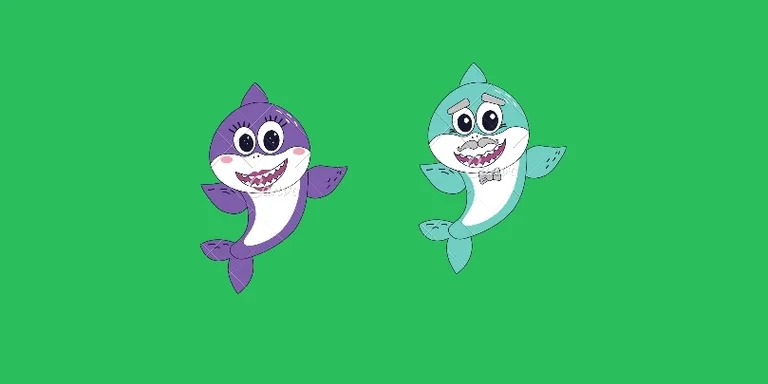 a couple of cartoon sharks on a green background