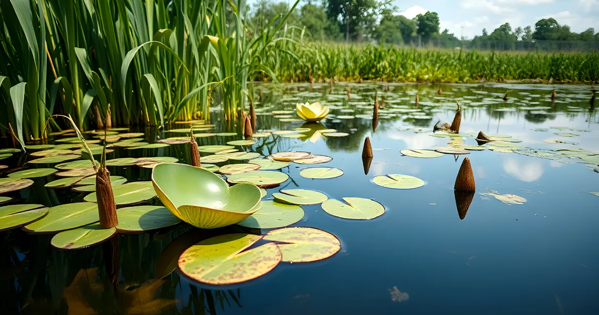 a pond filled with lots of water lilies