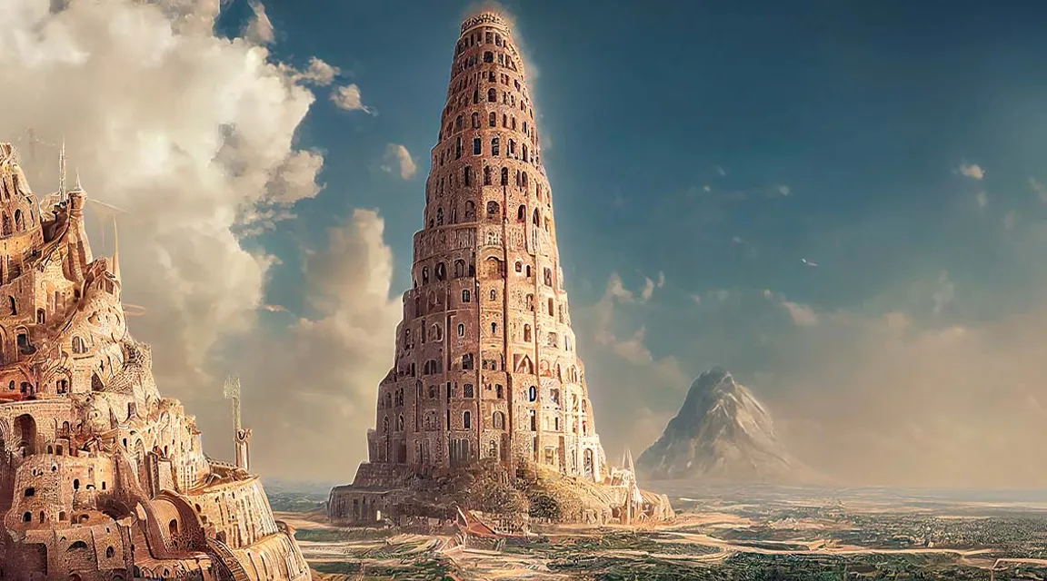 tower of babel from the bible with a mountain in the background