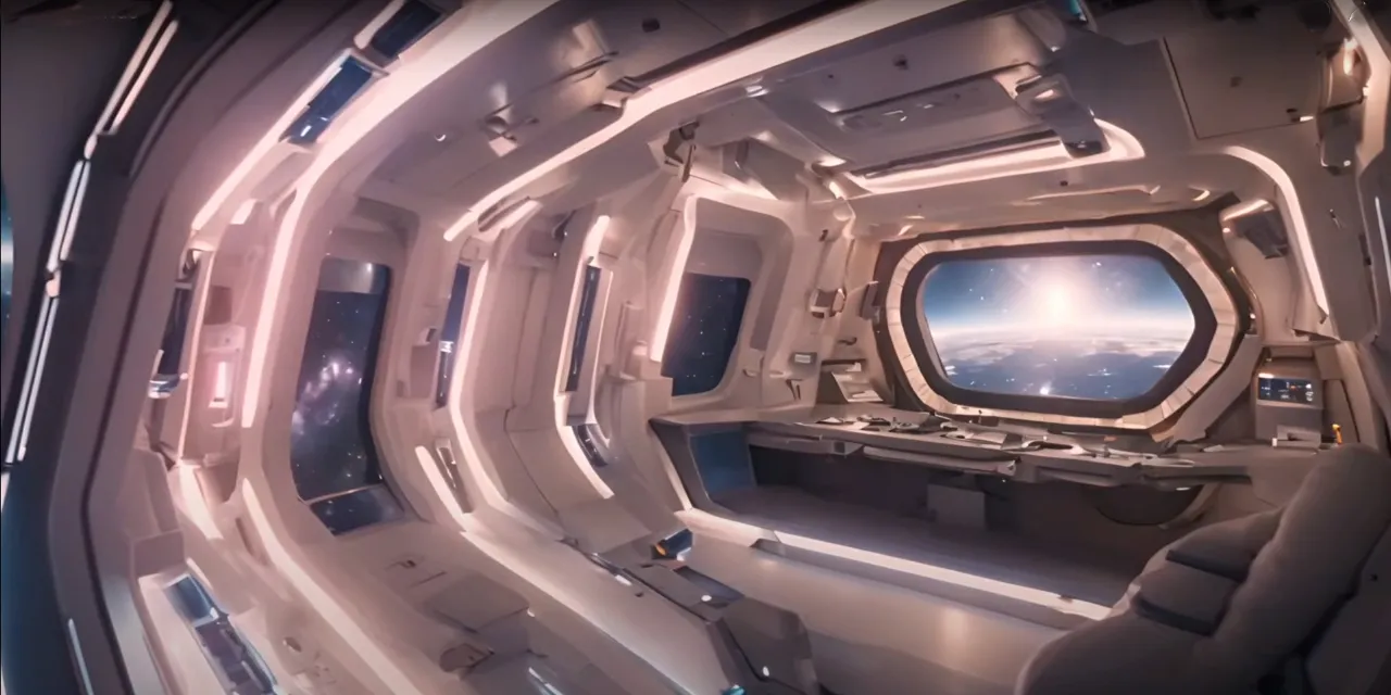 a view of the inside of a space station WITH ACTIVE ADVANCED COMPUTER SCREENS AND GADGETS AND KNOBS BLINKING VERY FUTURISTIC