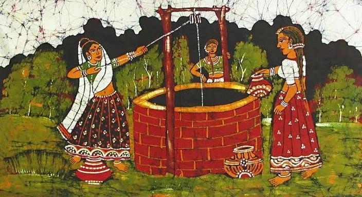 a painting of a woman pouring water from a well