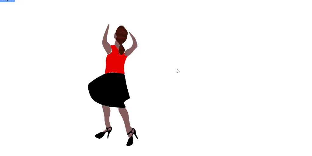 a drawing of a woman dancing gracefully in a red shirt and black skirt