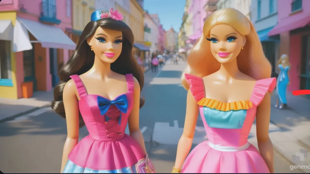 Barbie dolls walking in a vibrant, bustling market district with bright neon lights illuminating the crowds.