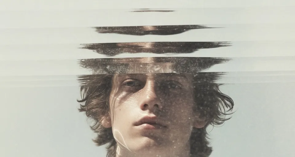 a young man is reflected in the water