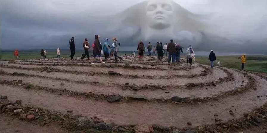 a group of people standing on top of a dirt field