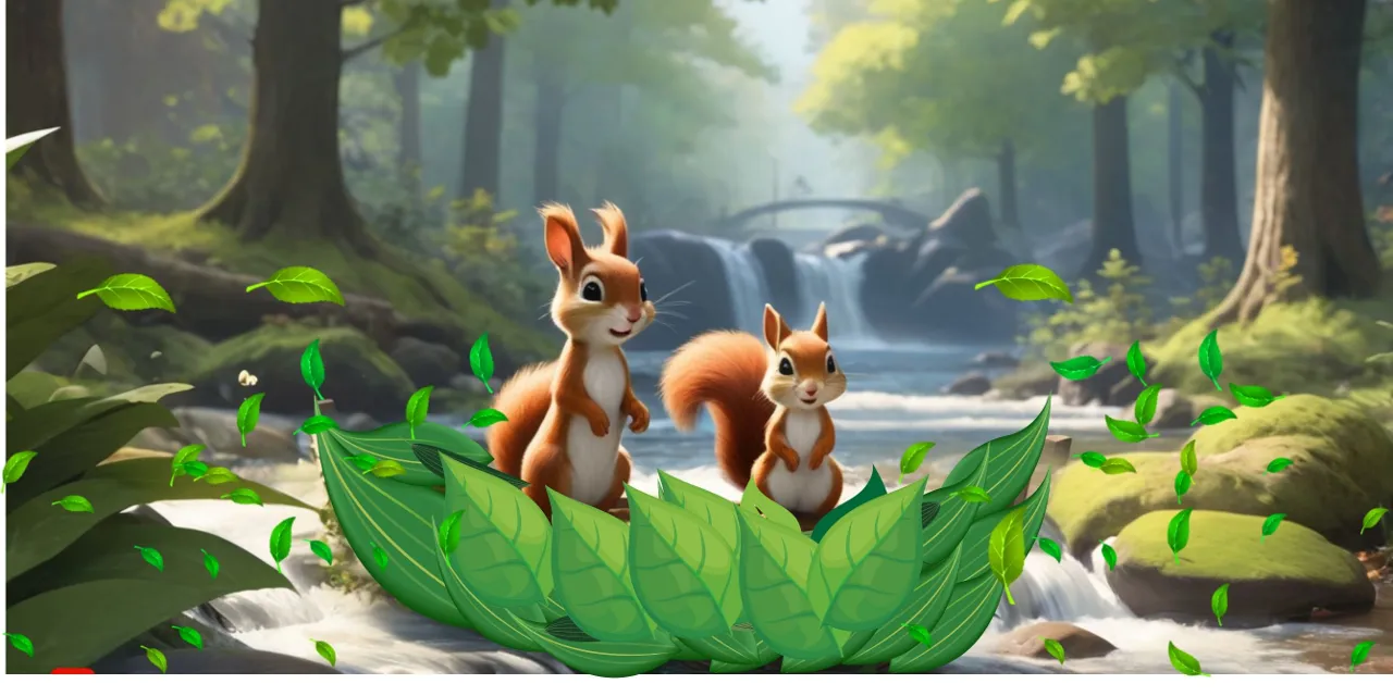 bunny and squirrel is happy and playing in their leaf boat, leaf are blowing 