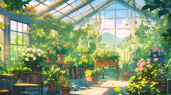 a painting of a greenhouse filled with potted plants