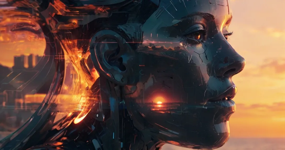 A woman's face in front of a futuristic, organic city with holographic data streams and information surrounding her