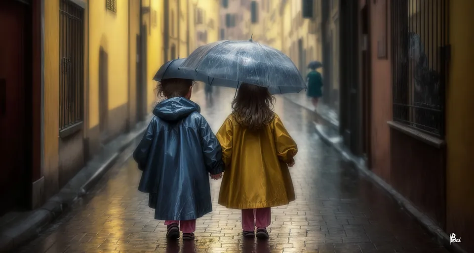 a couple of kids walking down a street holding umbrellas