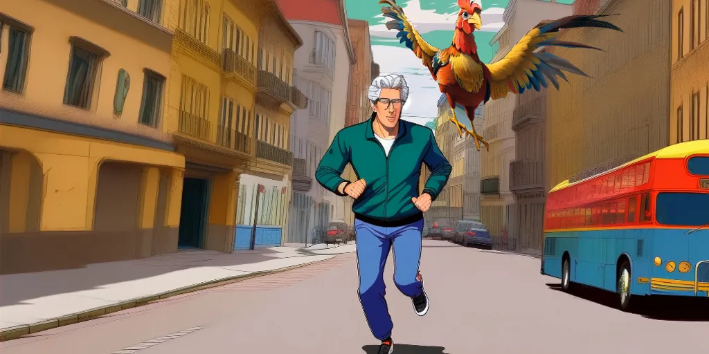 comic animated film ((man Richard Gere)) runs down the street between country houses, a rooster flies behind him, everything is drawn in color like a comic in high definition HD