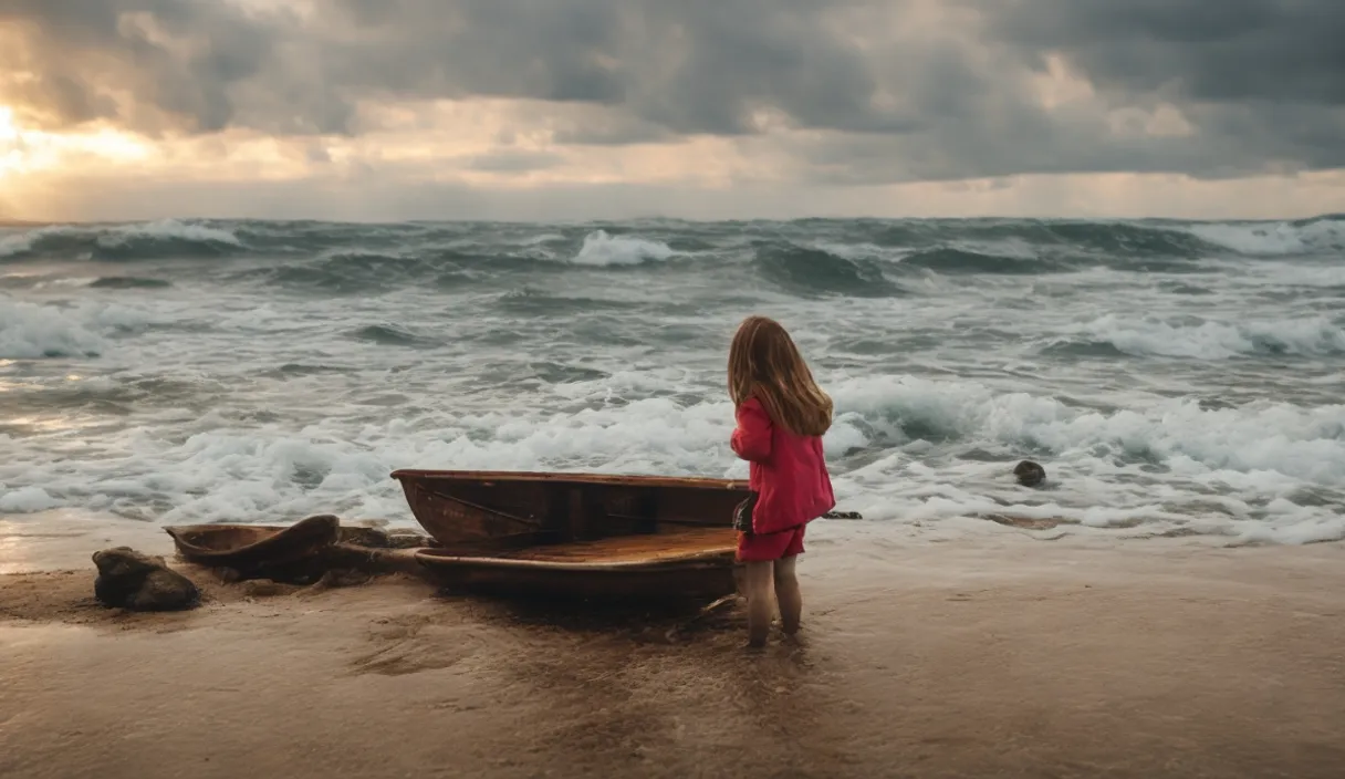 A little girl standing in the beach gazing at a huge spaceship hovering above the ocean