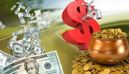 a gold pot with a dollar sign and a pile of money