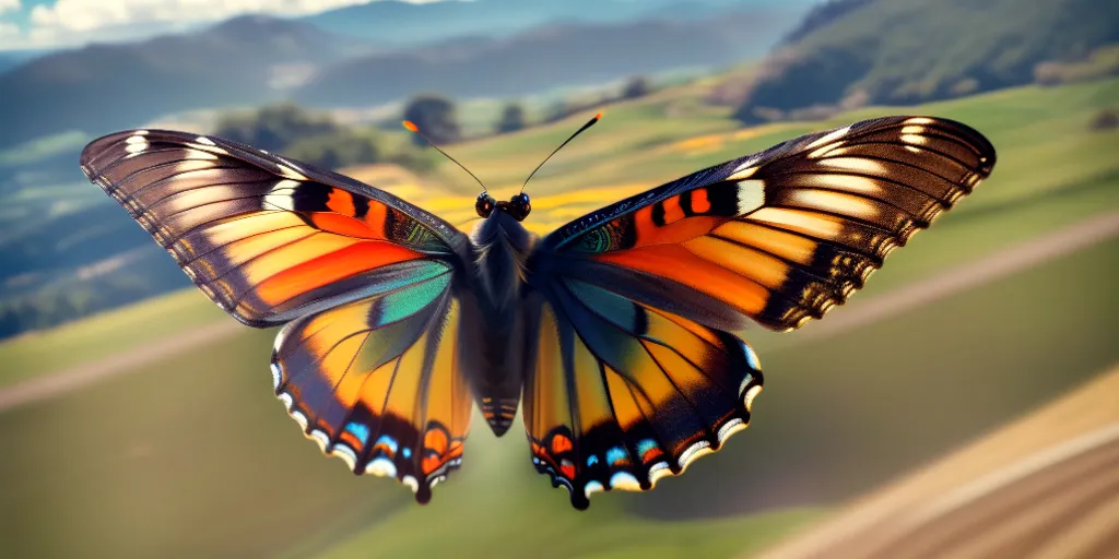 a colorful butterfly flying over a lush green field