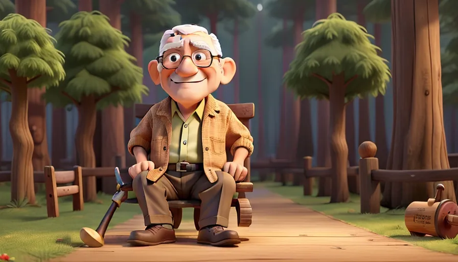 a cartoon character sitting on a bench in the middle of a forest, sculpturing a wood