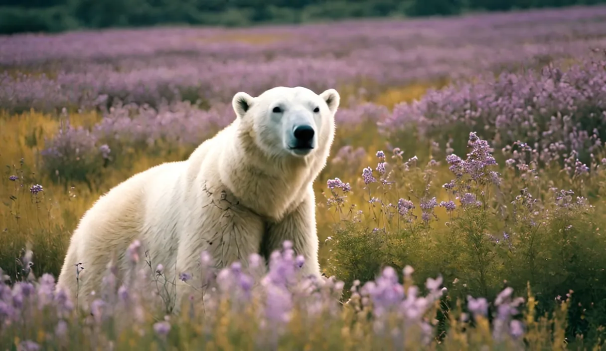 a polar bear standing in a field of flowers